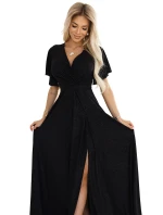 Černé dlouhé lesklé dámské šaty s  a výstřihem model 20864411 - numoco