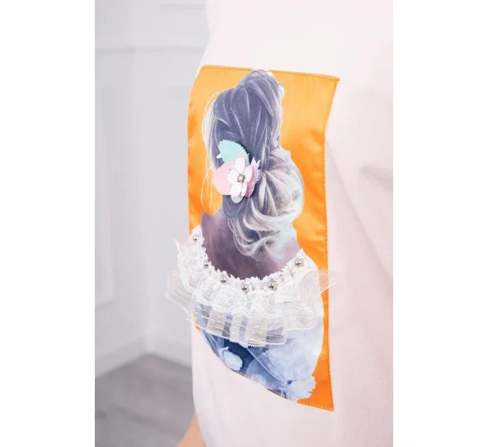 Halenka s 3D grafikou, krajková, pudrově růžová