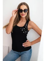 Dámský žebrovaný top z bavlny s květinovou aplikací černá Dámský žebrovaný top z bavlny s květinovou aplikací černá