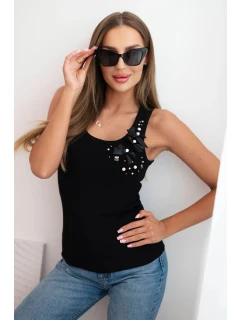 Dámský žebrovaný top z bavlny s květinovou aplikací černá