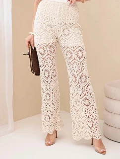 Dámské bavlněné ažurové kalhoty se širokými nohavicemi a elastickým pasem béžové