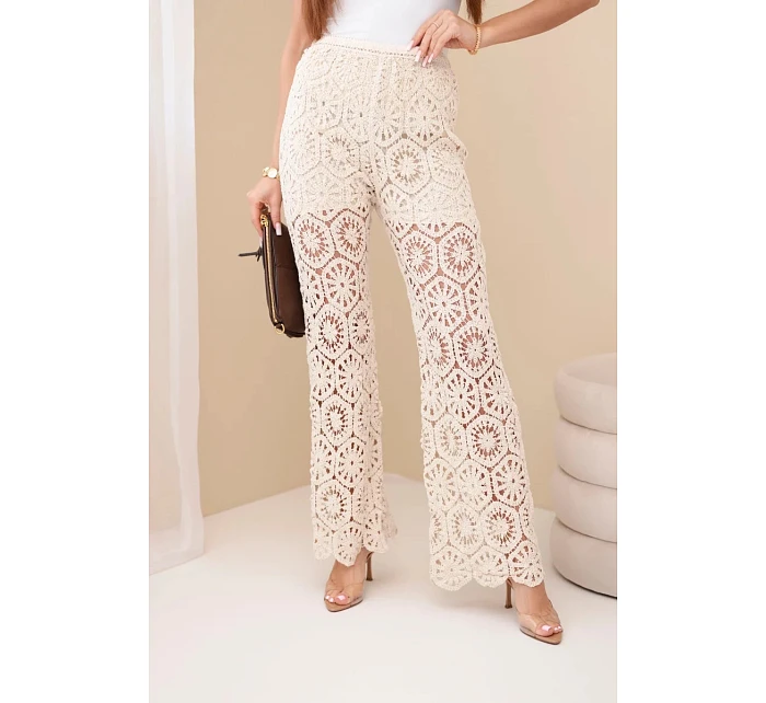 Dámské bavlněné ažurové kalhoty se širokými nohavicemi a elastickým pasem béžové