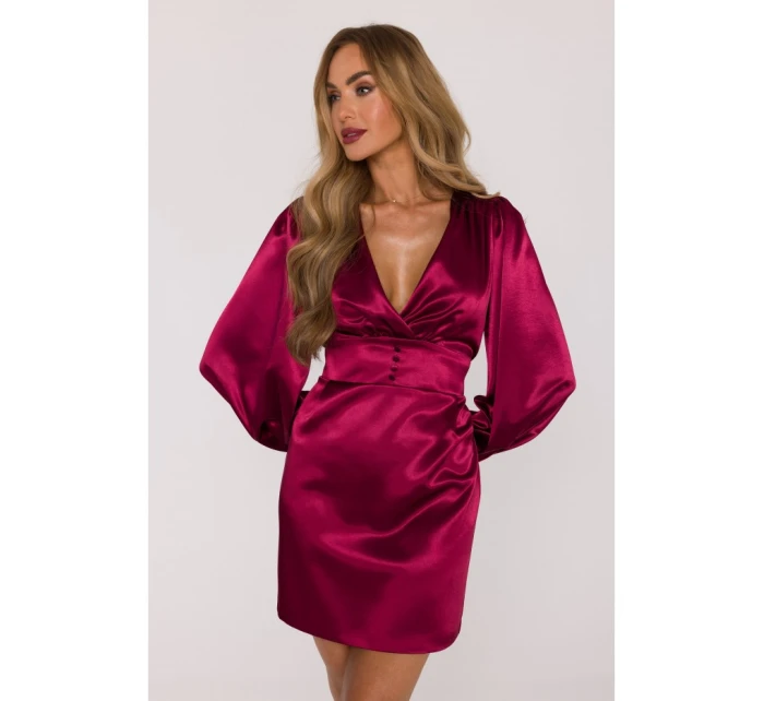 Saténové mini šaty s rukávy bordó model 21479297 - Moe