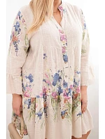 Dámské bavlněné šaty ve velikosti Plus Size s výstřihem do V a knoflíky s květinovým vzorem béžová