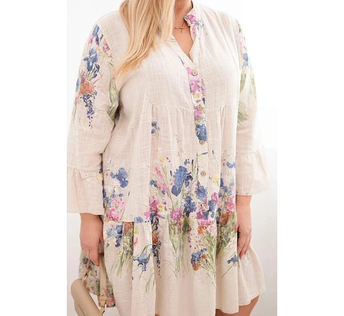 Dámské bavlněné šaty ve velikosti Plus Size s výstřihem do V a knoflíky s květinovým vzorem béžová