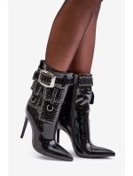 Ozdobené botky z lakované eko kůže na jehlovém podpatku černé