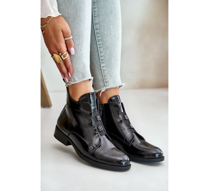 Lakované Kotníkové Boty Na Zip Zateplené Plochý Podpatek S.Barski Černé Lakované Kotníkové Boty Na Zip Zateplené Plochý Podpatek S.Barski Černé