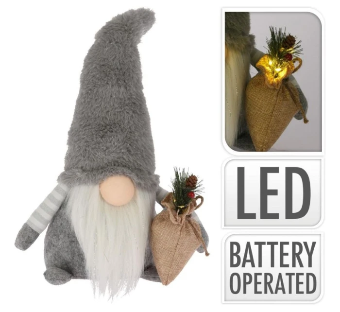 DEKORATIVNÍ PLYŠOVÝ TRPASLÍK LED 38CM ŠEDÝ