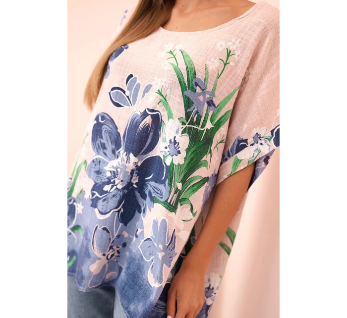 Dámská bavlněná blůza s květinovým potiskem a krátkým rukávem pudrově růžová