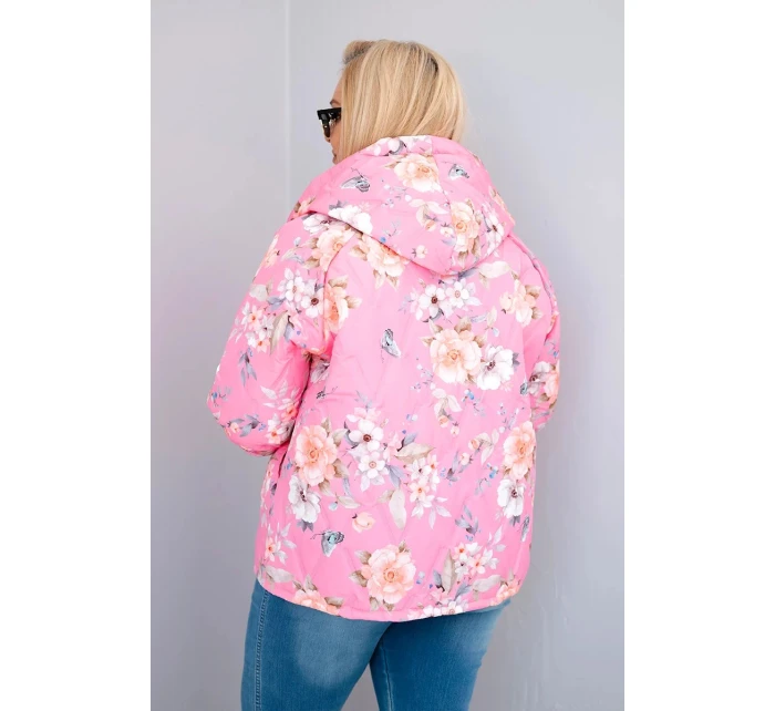 Dámská jarní prošívaná bunda Plus Size s kapucí a květinovým vzorem světle růžová