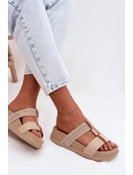 Dámské platformové pantofle se pásky a zlatým detailem Béžové Tahlia