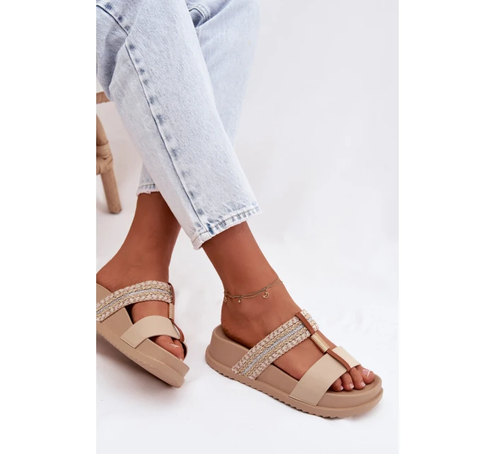 Dámské platformové pantofle se pásky a zlatým detailem Béžové Tahlia
