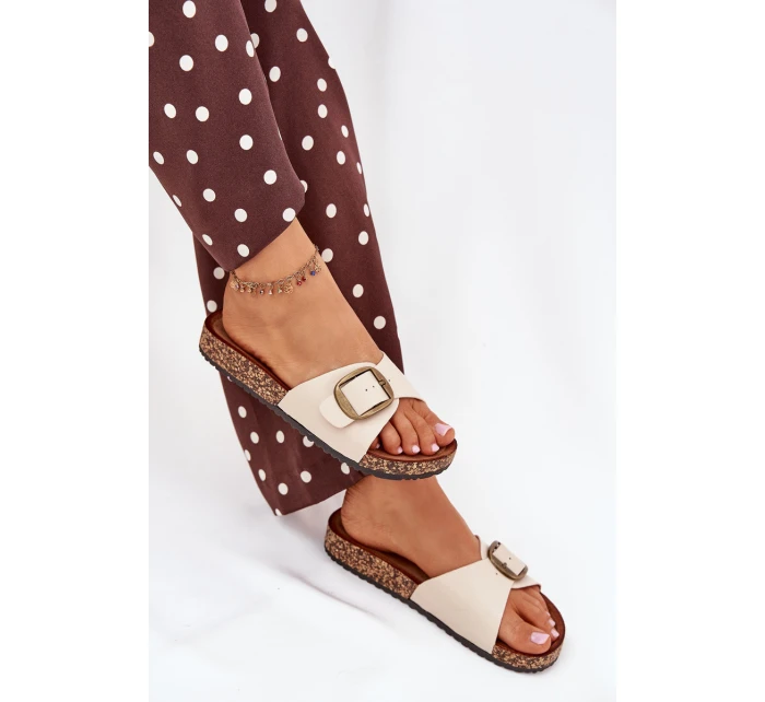 Dámské pantofle na korkové platformě s přezkou – béžové Vianara