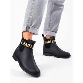 Zajímavé dámské  gumáky černé na plochém podpatku