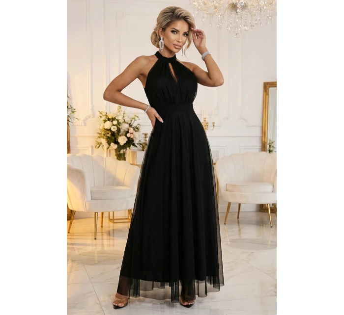Elegantní maxi večerní šaty na ramínka s a zavazováním v pase černé model 21961746 - numoco basic