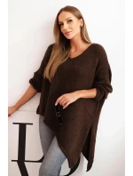 Svetr dámský vlněný asymetrický Plus Size s výstřihem do V hnědý Svetr dámský vlněný asymetrický Plus Size s výstřihem do V hnědý