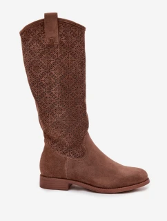 Dámské prolamované kozačky na plochém podpatku S.Barski – hnědé