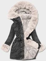 Černo/ecru dámská džínová bunda s kožešinovou podšívkou (B8068-1046)