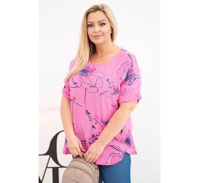 Dámská bavlněná halenka Plus Size s krátkým rukávem a kapsou růžová