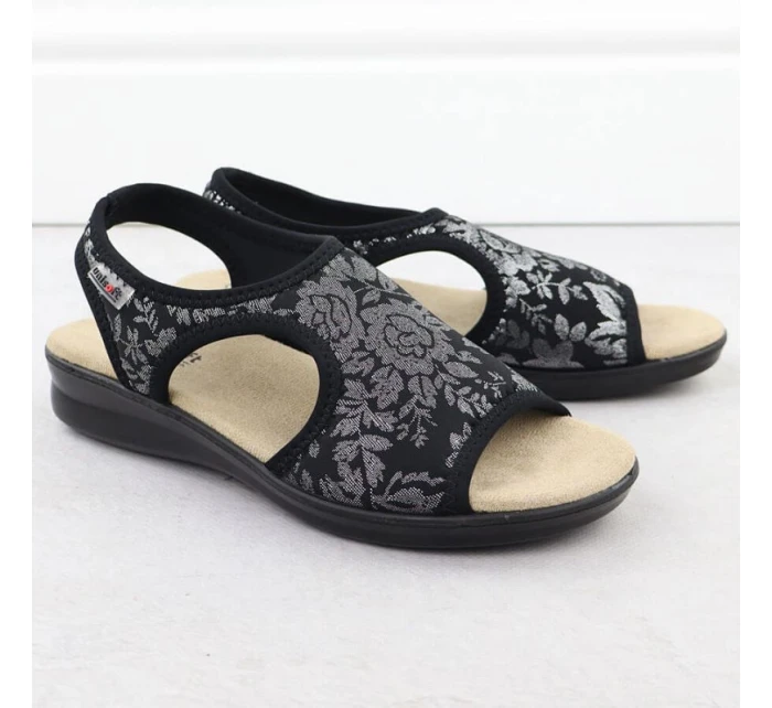 Dámské elastické květinové sandály s vysokým sedem černé Unisoft 7196
