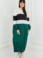 Trikolorní šaty s kapucí ecru + černá + tmavě zelená