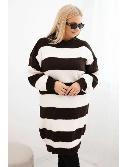 Dámská svetr šaty Plus Size pruhy hnědá