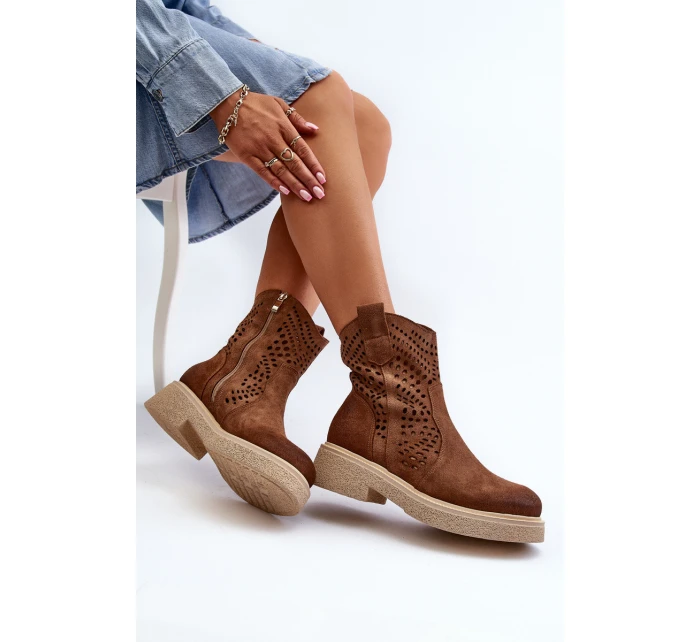 Semišové Dámské Botky na Ploché Podrážce Hnědé model 21652397 - Zazoo