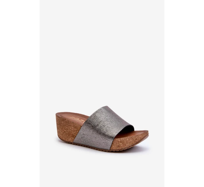 Zazoo 40291 Kožené Dámské Žabky na Korkové Platformě Grafitové