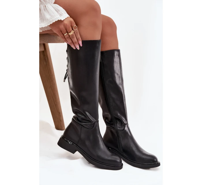 Zateplené dámské kozačky z pravé kůže na nízkém podpatku model 21713362 Černé - VINCEZA