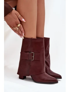 Dámské zateplené kotníkové botky na sloupku s ohrnovací manžetou a přezkou – bordó Ylenara