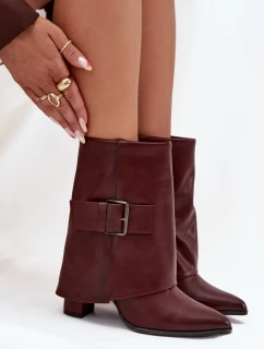 Dámské zateplené kotníkové botky na sloupku s ohrnovací manžetou a přezkou – bordó Ylenara