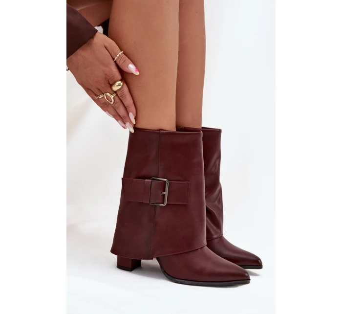 Dámské zateplené kotníkové botky na sloupku s ohrnovací manžetou a přezkou – bordó Ylenara Dámské zateplené kotníkové botky na sloupku s ohrnovací manžetou a přezkou – bordó Ylenara