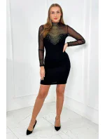 Pletené šaty s tylovými rukávy a výstřihem černý Pletené šaty s tylovými rukávy a výstřihem černý
