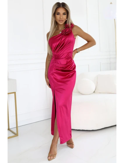 Dlouhé saténové šaty na jedno rameno s růží a rozparkem | Růžová model 21097872 - numoco basic