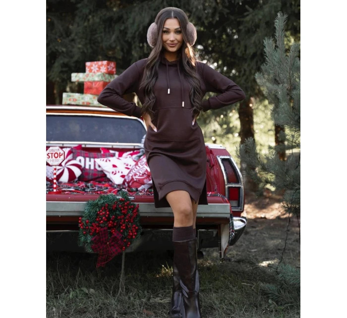 Dámské casual šaty v čokoládové barvě s kapucí (523)