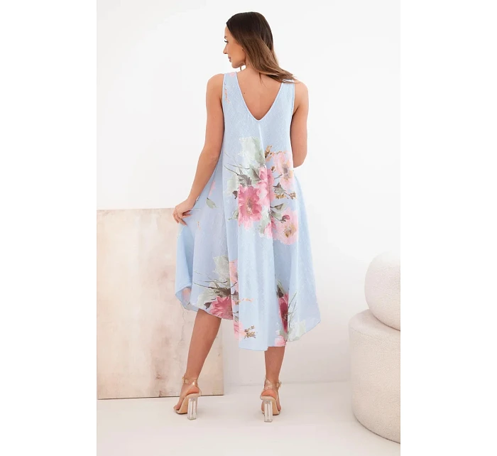 Dámské bavlněné oversize šaty s výstřihem do V a květinovým potiskem modrá Dámské bavlněné oversize šaty s výstřihem do V a květinovým potiskem modrá
