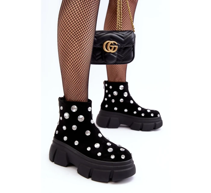 Kožené semišové zateplené obuv s krystaly D A Černé Damskie model 21636887 - S.Barski