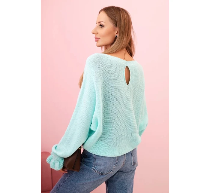 Svetr dámský z mohéru s nařasenými rukávy a výstřihem na zádech mátový Svetr dámský z mohéru s nařasenými rukávy a výstřihem na zádech mátový