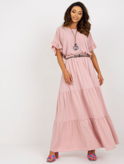 Světle růžová maxi sukně s volánkem a páskem