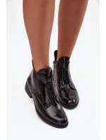 Lakované dámské botky S.Barski – černé, zateplené, s ozdobným detailem