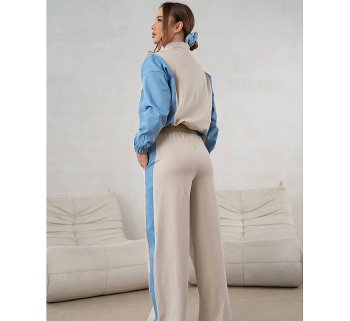 Tepláková souprava mikina na zip + široké kalhoty béžovo-modrá (821151)