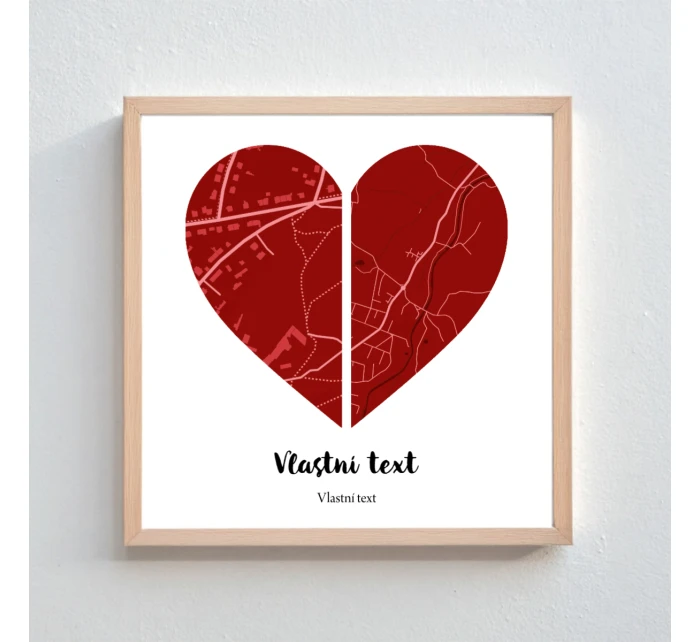 Plakát v rámu - čtverec 20x20 - dvě mapy jako srdce Plakát v rámu - čtverec 20x20 - dvě mapy jako srdce