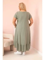 Dámské šaty plus size s krátkým rukávem a volánem z lehké viskózy khaki