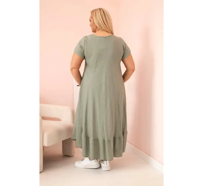 Dámské šaty plus size s krátkým rukávem a volánem z lehké viskózy khaki