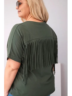 Dámská bavlněná halenka s výstřihem do V a třásněmi na zádech khaki