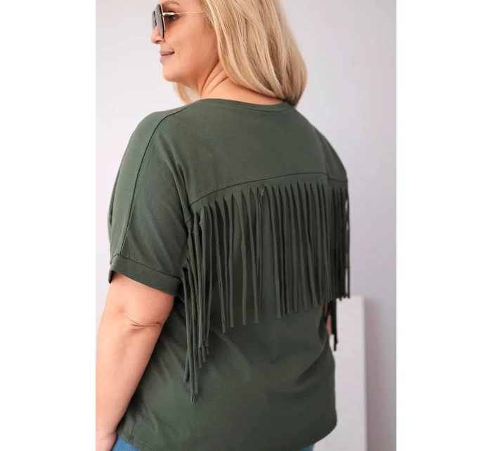 Dámská bavlněná halenka s výstřihem do V a třásněmi na zádech khaki