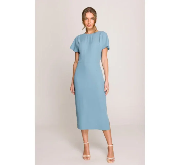 S398 Tužkové šaty s rozparkem na boku - nebesky modré