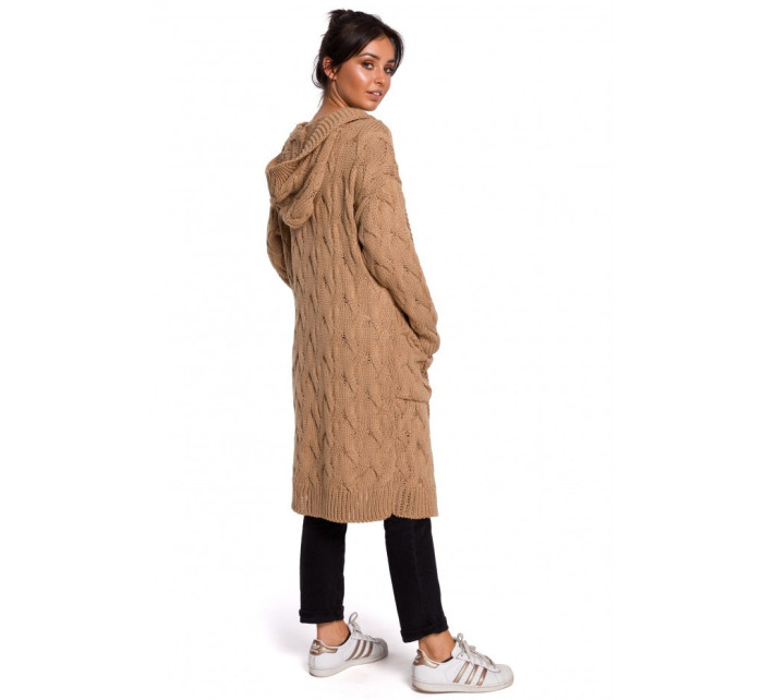 BK033 Pletený plisovaný svetr s kapucí - karamelový