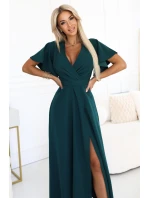 dlouhé šaty s rozparkem na rukávy a výstřihem lahvově zelené model 21291970 - numoco