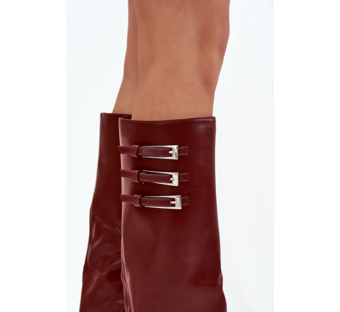 Dámské Kozačky Na Podpatku  Pásky S Přezkami Bordové model 21704830 - Boto